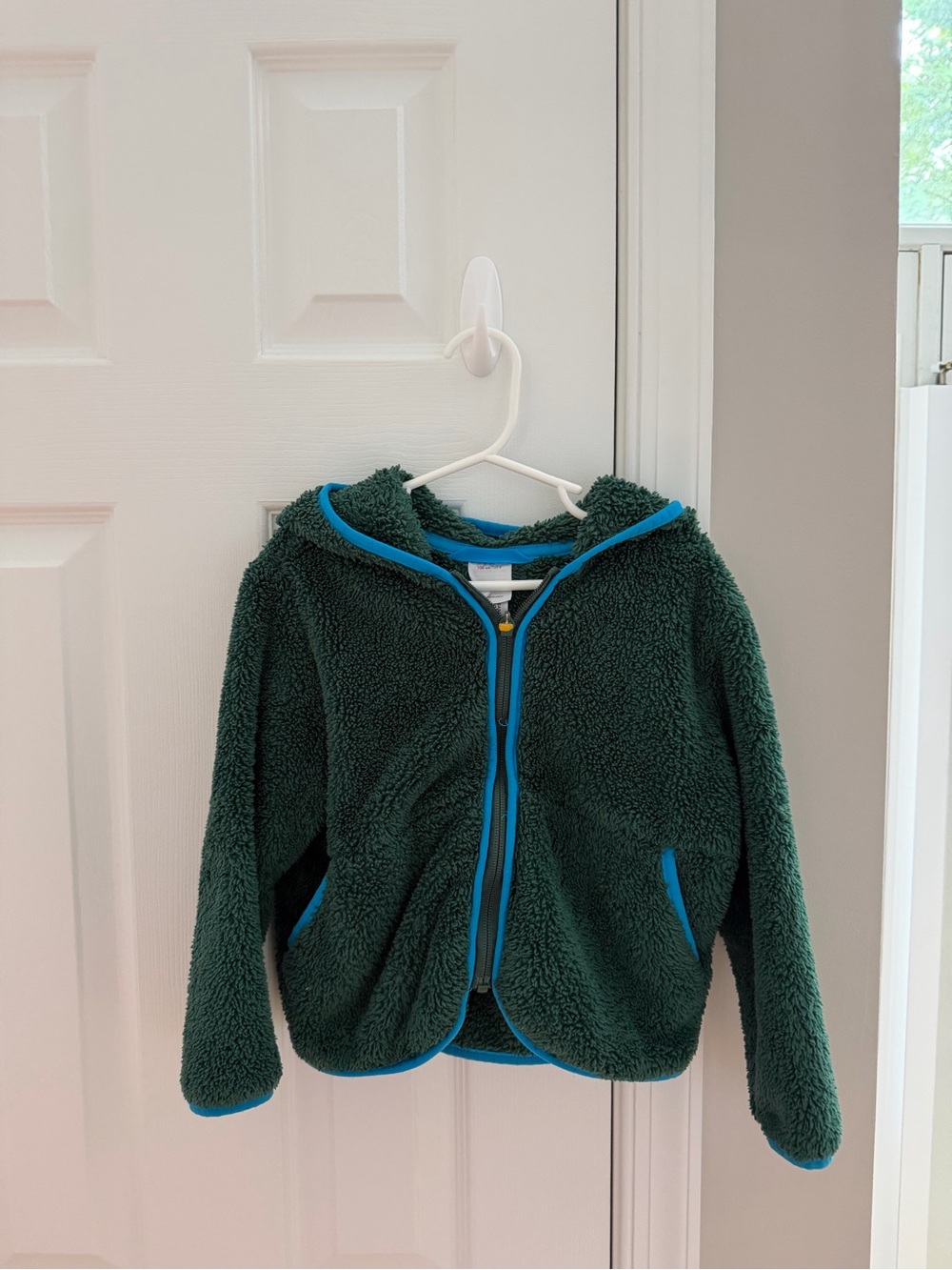 Hanna Andersson Forest Green Sherpa Hoodie with Bright Blue Trim